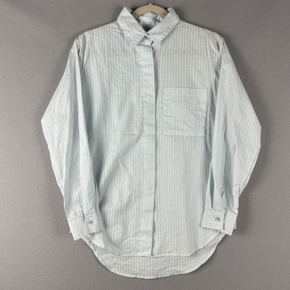 Vintage Panama Jill Top Womens Medium Blue Striped Button Front USA Made Classic